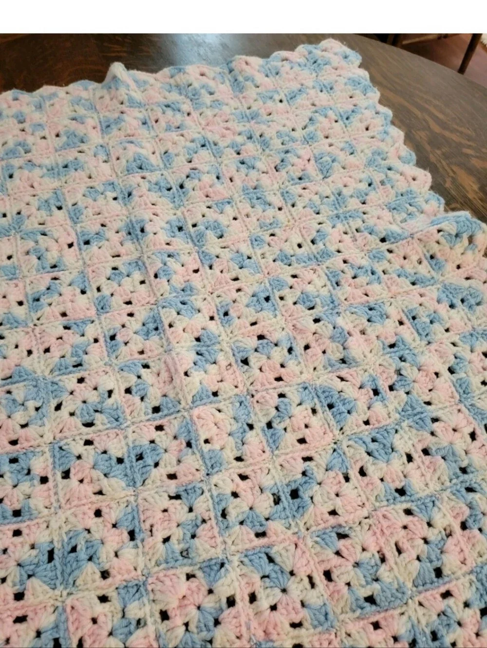 Handmade Pastel Crochet Baby Blanket - Blue White & Pink